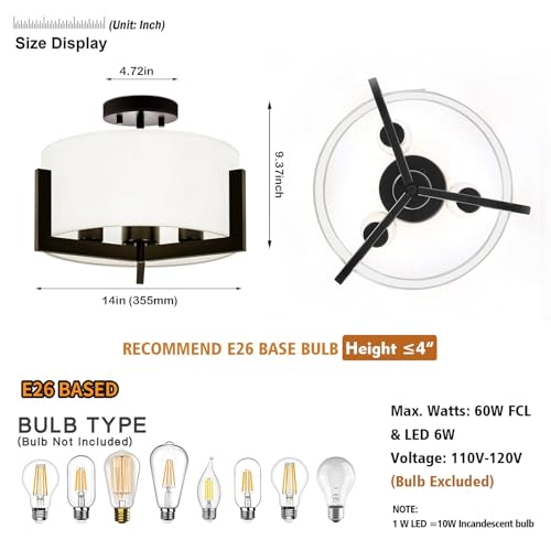 14inch Semi Flush Mount Ceiling Light: 3-Light Black Modern Light Fixtures Ceiling Mount with Drum Fabric Shade, Close to Ceiling Lighting for Bedroom, Kitchen, Entryway, Foyer(Bulb Exclude)