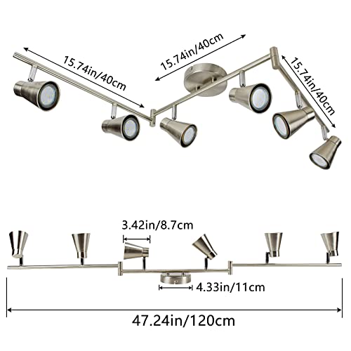 6-Light Flexible Track Lighting Rail, Modern Directional Led Spot Ceiling Light Fixture Flush, Brush Steel, Bulbs Included for Living Room, Dining Room, Bedroom, Kitchen, Office