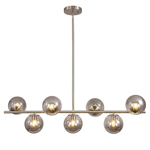 KCO Lighting Modern Brass Linear Chandelier Pendant Light 7-Lights Gold and White Glass Pendant Lighting Mid Century Globe Dining Light Fixture for Living Room Kitchen