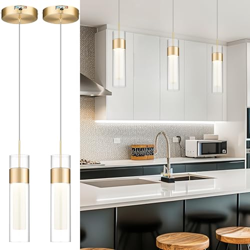 Gold Pendant Light Fixtures, 2-Pack, Modern LED Pendant Lights with Clear Glass and Milk Glass, Pendant Lights for Kitchen Island, KDPL10-GD-2PK