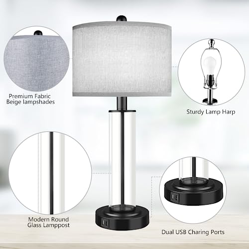 Table Lamps for Bedrooms Set of 2, 26'' Tall Glass Bedside Table Lamp with Dual USB Charging Ports,Touch Bedroom Modern Lamps with Gery Fabric LampShade for Nightstand Living Room,Bulbs Included