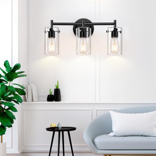 Bathroom Light Fixtures 2023 Upgrade, 3-Light Matte Black Bathroom Vanity Light, Black Bathroom Lights Over Mirror with Clear Glass Shade, Bathroom Wall Sconces for Mirror Bedroom Living Room Hallway