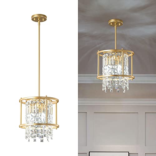 4-Light Dining Room Light Fixture 11.81 inch Square Lndustrial Farmhouse Chandelier Gold Metal Crystal Pendant Light for Kitchen Island Dining Room Living Room Flat and Inclined Ceiling