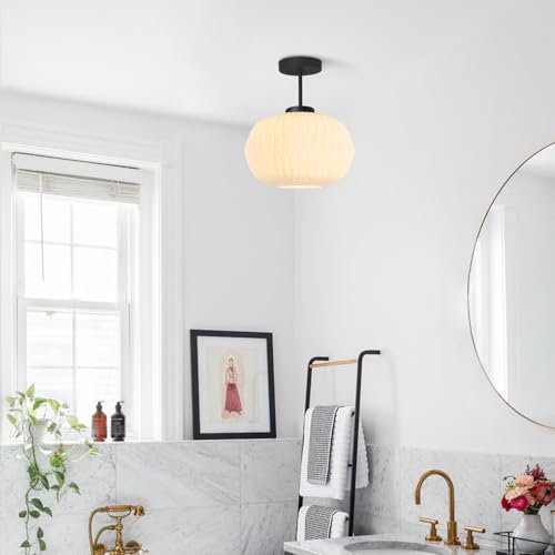 Semi Flush Mount Ceiling Light Mid Century Interior Ceiling Light with White Striation Glass Shade Gold Ceiling Light Fixture for Hallway Corridor Kitchen Bathroom