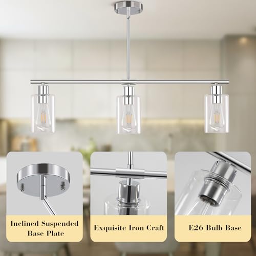 Kitchen Island Lighting, 3 Lights Linear Chandeliers Rectangle Pendant Light Fixtures for Dining Room Farmhouse Hanging Light with Glass Shades Hanging Lights - Gold