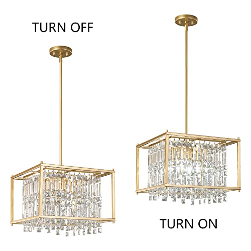 4-Light Dining Room Light Fixture 11.81 inch Square Lndustrial Farmhouse Chandelier Gold Metal Crystal Pendant Light for Kitchen Island Dining Room Living Room Flat and Inclined Ceiling