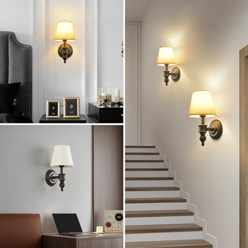 Wall Sconces Sets of 2, Bathroom Vanity Sconces Wall Lighting, Indoor Wall Lights with Light Beige Fabric Shades, Black Wall Mounted Lamps for Bedroom Living Room Hallway Kitchen, Hardwire