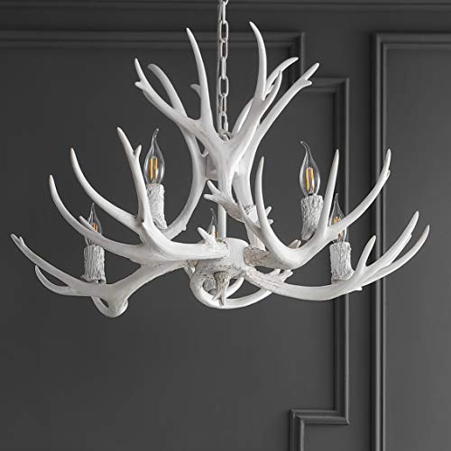 30" Adjustable Resin Antler 5-Light LED Chandelier, Glam, Rustic,Cottage,Transitional, Dimmable Dining Room, Living Room, Kitchen, Foyer, Bedroom, White