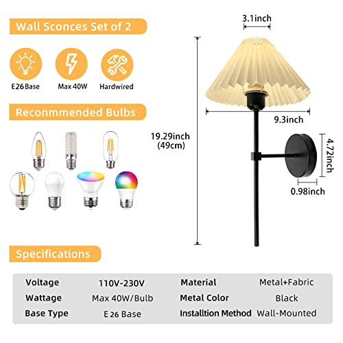 Wall Sconces Sets of 2 White Fabric lampshade Matte Black Wall Lamp Column Bracket Wall Lighting Bathroom Dresser Hardwired lamp Applicable to Living Room Bedroom Dining Room