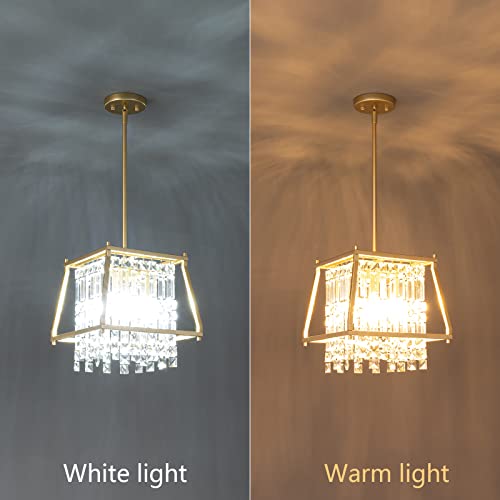 4-Light Dining Room Light Fixture 11.81 inch Square Lndustrial Farmhouse Chandelier Gold Metal Crystal Pendant Light for Kitchen Island Dining Room Living Room Flat and Inclined Ceiling