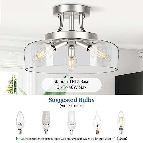 Modern Industrial Semi Flush Mount Ceiling Light with Clear Glass Shade, 3-Bulb Black Ceiling Light Fixture for Kitchen Bedroom Living Room Porch Hallway Entryway, E12 Socket, Bulbs Not Included