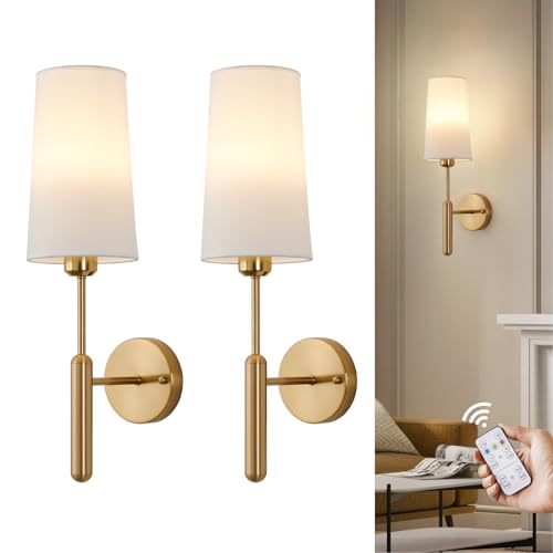 Gold Rechargeable Battery Operated Wall Sconces Set of 2 with Remote, Wireless Dimmable 5000mAh Battery Powered LED Wall Lights, Cordless Wall Lamp Lighting Fixture for Bedroom Living Room