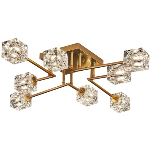 Vintage Gold Semi Flush Mount Ceiling Light 8-Light Glass Sputnik Chandeliers Mid Century Modern Crystal Ceiling Light Fixture for Living Room Dining Room Bedroom Kitchen Foyer