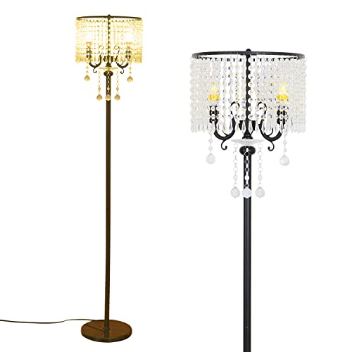 Floor Lamp - Modern Standing Lamp with Foot Pedal,Crystal Stand Up Lights for Living Room, Bedroom, Office, Contemporary LED Black Tall Pole Light Indoor - 2 Lights