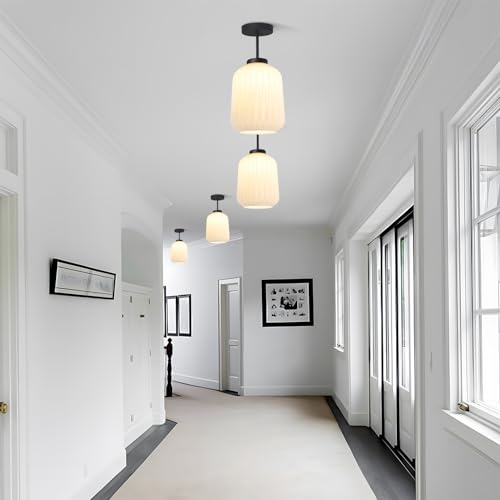 Semi Flush Mount Ceiling Light Mid Century Interior Ceiling Light with White Striation Glass Shade Gold Ceiling Light Fixture for Hallway Corridor Kitchen Bathroom