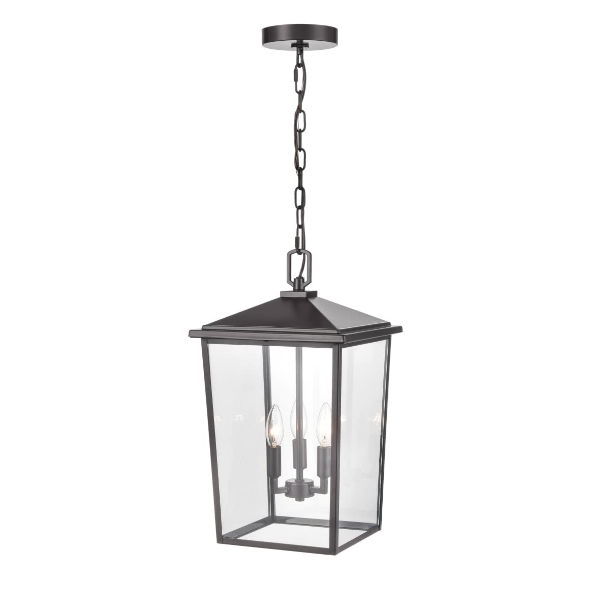 Three Light Outdoor Steel Pendant Lantern, Anti-Rust Powder Coat Black, Wet Rated, Clear Glass Shade, Perfect for Corridors, Gardens, Courtyards, Doorways, Back Yards, Patios