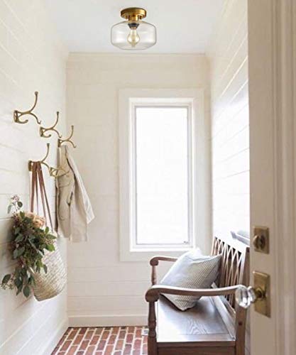 Modern Farmhouse Semi Flush Mount Ceiling Light Gold Hallway Light Fixture Ceiling Hung Opal Milk Glass Shade