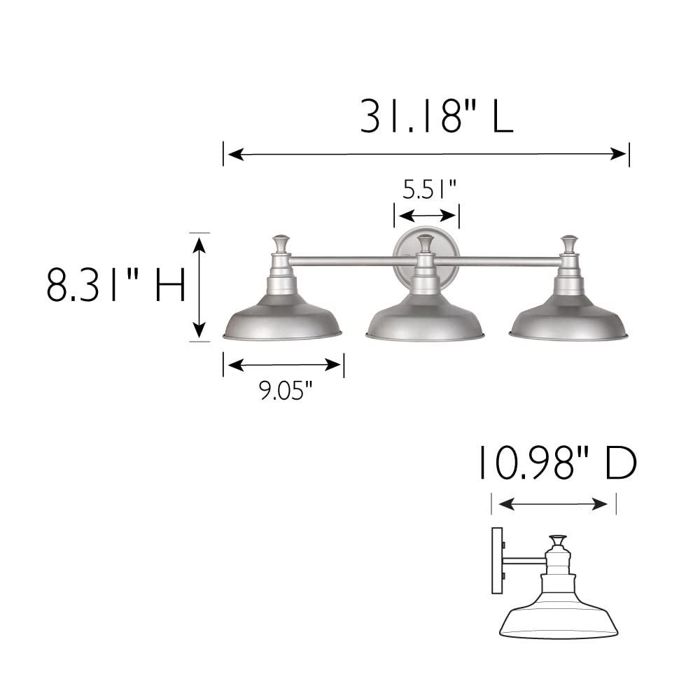 Industrial Farmhouse 3-Light Indoor Bathroom Vanity Light with Metal Shades for Over the Mirror, Galvanized Paint