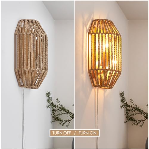 Natural Rattan Wall Sconce Set of 2, with Boho Woven Wicker Shade Antique Brass Brush Paint Finish for Vanity Stairway Fireplace Living Room Bedside Passway Hallway