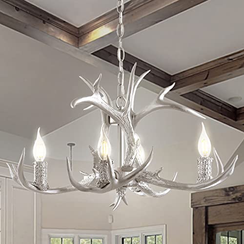 30" Adjustable Resin Antler 5-Light LED Chandelier, Glam, Rustic,Cottage,Transitional, Dimmable Dining Room, Living Room, Kitchen, Foyer, Bedroom, White