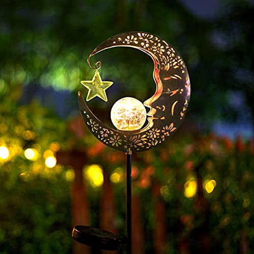 Solar Lights Outdoor Decor Moon Lantern for Patio,Lawn or Pathway Moon Decorations Crackle Glass Globe Stake Metal Lights Waterproof Warm LED Garden Gifts (Bronze)