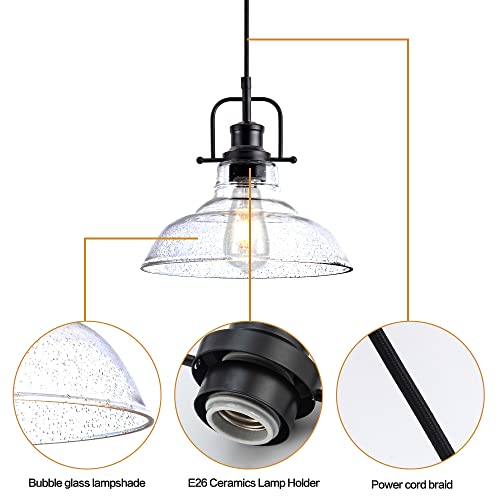 Black Industrial Pendant Light Farmhouse 1-Light with Adjustable Cord, Clear Bubble Glass Shade,Rectangle Cute Hanging Lights for Hallway, Kitchen Island, Dinning Room