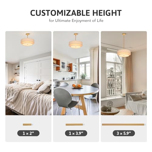 4-Light Drum Chandeliers, 18" Pendant Light Fixture with 2-Layer Fabric Shade E26 Bases, Adjustable Swivel Joint Hanging Light Fixture for Bedroom Living Room Kitchen Hallway, Antique Brass