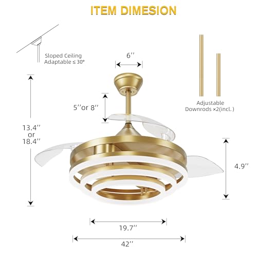 42 Inch Retractable Ceiling Fan, Chandelier Ceiling Fans with Lights, Silent DC Motor, 6 Speeds, 3 Color Changing for Bedroom Living Room (Gold)