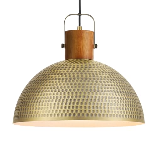 ELYONA 16 Inch Large Pendant Light Fixtures Vintage Dome Hanging Lamp Ash Wood & Brushed Brass Hammered Metal Antique Gold Kitchen Chandelier for Island, Farmhouse Dining Room Living Room Hallway