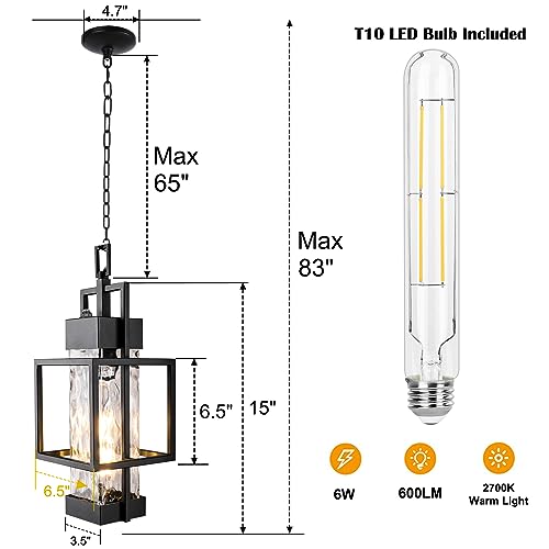 15" Dusk to Dawn Outdoor Pendant Light Exterior Hanging Lantern, Modern Black Metal Outside Chandelier Light Fixture Ceiling Mount with Water Glass for Front Porch Entrance Foyer Entryway