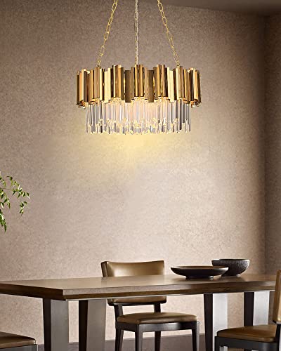 Modern K9 Crystal Pendant Lighting, Round Gold Crystal Chandelier Contemporary Luxury Pendant Ceiling Lighting Fixture for Dining Living Room Kitchen Island, Antique Gold