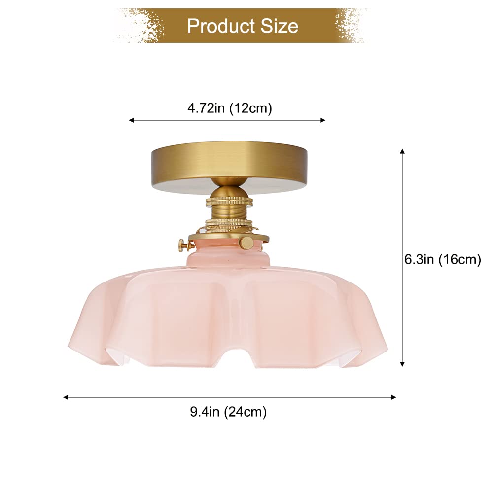 Brass Semi Flush Mount Ceiling Light, Cute Small Green Glass Flush Mount Ceiling Light, Porch Ceiling Light Fixtures, Flower Shape Glass Close to Ceiling Light for Closet Hallway Entryway