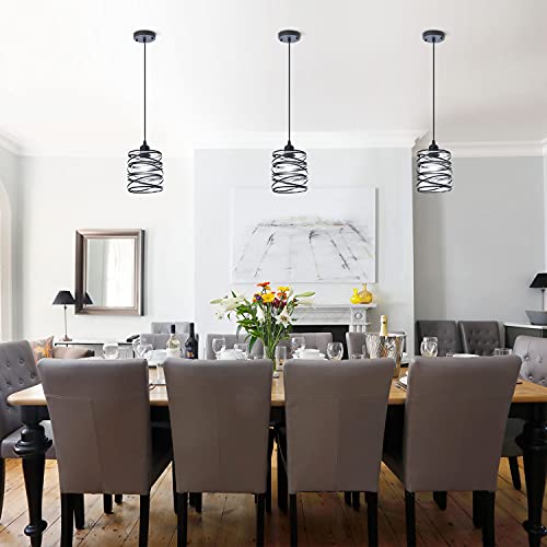 Modern Mini Pendant Light Fixture Kitchen Island Pendant Lighting 6.30''Matte Black Spiral Cage Handblown Clear Seeded Glass Shade Hanging Lamp Adjustable Cord for Dining Room 1-Pack,E26