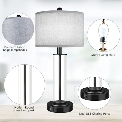 Table Lamps for Bedrooms Set of 2, 26'' Tall Glass Bedside Table Lamp with Dual USB Charging Ports,Touch Bedroom Modern Lamps with Gery Fabric LampShade for Nightstand Living Room,Bulbs Included