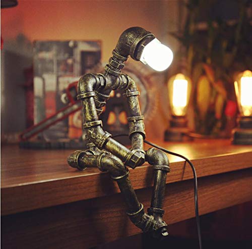 Steampunk Table Lamp,Retro Industrial Bronze Pipe Robot Desk Lamp with 2 Edison Bulbs Lamp Creative Gift