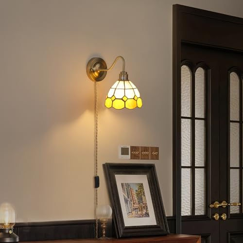 Wall Sconce, Wall Mounted Lamps with Green Checker Sconce, Stained Glass Shade Brass Wall Lights Fixture with Plug in Cord and Switch for Bedroom Bathroom Living Room Hallway