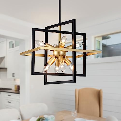 Black and Gold Chandelier, 8-Light Modern Geometric Pendant Light Fixture, Industrial Adjustable Hanging Sputnik Chandeliers for Dining Room Kitchen Island Hallway Foyer Entryway