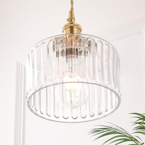 Pendant Light with White Pleated Ceramic Lmapshade, Brass Vintage Pendant Light Adjustable Hanging Light for Kitchen Island Dining Room Hallway 7.87 Inch Diam