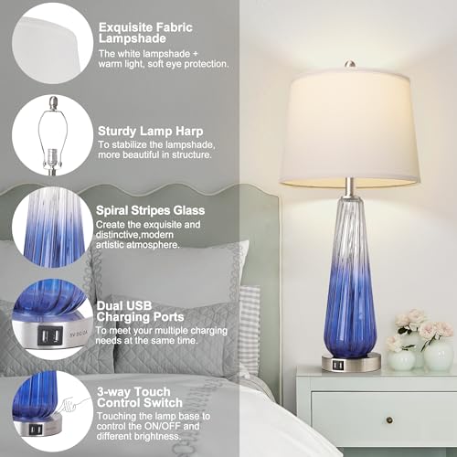 Table Lamps for Living Room with Touch Control, 3-Way Dimmable Bedside Lamps with 2 USB Ports, Modern Glass Nightstand Lamp with White Fabric Shade, 27.5" Large Lamps for Home Bedrooms Decorations