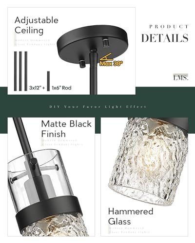 LMS 4-Light Island Lights, Farmhouse Light Fixtures with Hammered Glass Shade, Matte Black Linear Chandelier Pendant Lighting Over Table for Adjustable Height, Kitchen Island, LMS-171BK-4