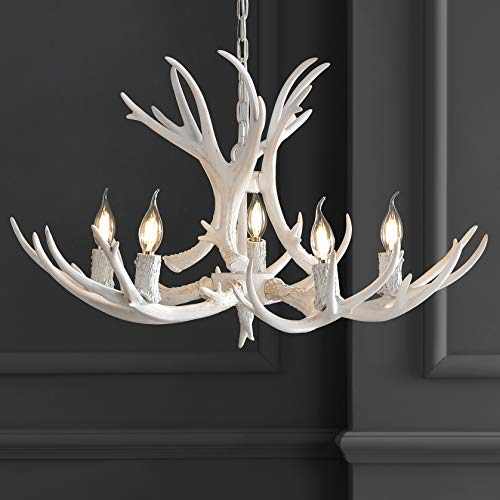 30" Adjustable Resin Antler 5-Light LED Chandelier, Glam, Rustic,Cottage,Transitional, Dimmable Dining Room, Living Room, Kitchen, Foyer, Bedroom, White