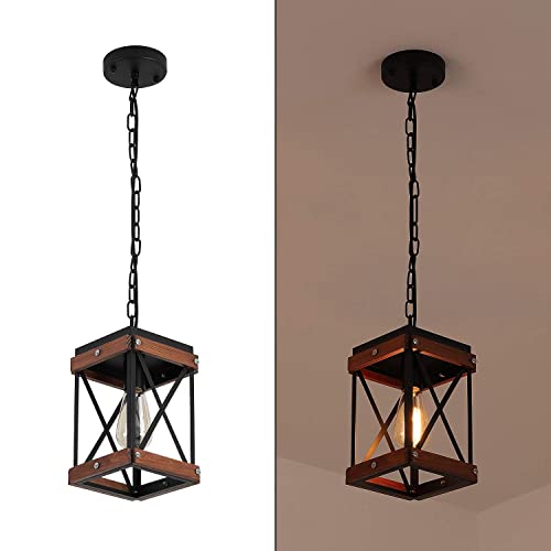 Modern Farmhouse Antique White Distressed Pendant Light with Wood and Metal Cage, One-Light Adjustable Chains Rustic Mini Pendant Lighting Fixture for Kitchen Island Cafe Bar