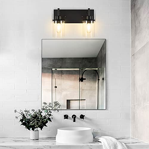 Bathroom Vanity Light Fixtures, 2 Light Wall Sconce Black Vintage Industrial Farmhouse Sconces Wall Lighting with Clear Glass Shade for Bathroom Bedroom Living Room