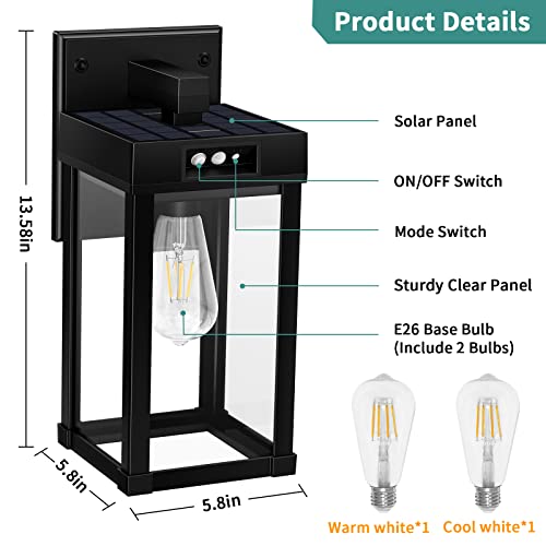 Solar Wall Lights Outdoor, Solar Wall Sconce with 3 Lighting Modes & Motion Sensor, Waterproof Solar Porch Light with Clear Panel, Solar Wall Lantern Light Fixture for Garage Porch Yard Front Door