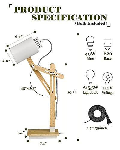 Industrial Table Lamp, Sapele Wood Desk Lamp with Upgraded Wireless Charger & USB C Port, Swing Arm Reading Task Light for Farmhouse, Dorm Office, Bedroom Livingroom, LED Bulb Included, Grey