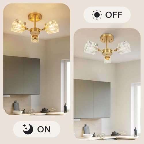 Semi Flush Mount Ceiling Light 3 Lights Crystal Chandeliers Gold Ceiling Light Modern Ceiling Light for Bedroom Kitchen Hallway Bathroom Entryway Dining Room Living Room