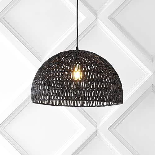 20" 1-Light Bohemian Modern Woven Rattan/Iron LED Pendant Farmhouse Coastal Adjustable Dining Room Living Room Kitchen Island Foyer Bedroom Hallway, Black