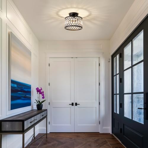 Crystal Black Ceiling Light, Modern Semi Flush Mount Ceiling Lighting Fixture, Round Hallway Lighting Fixtures Ceiling for Kitchen Entryway Bedroom Laundry Room, 1-Light, 11.4 Inch