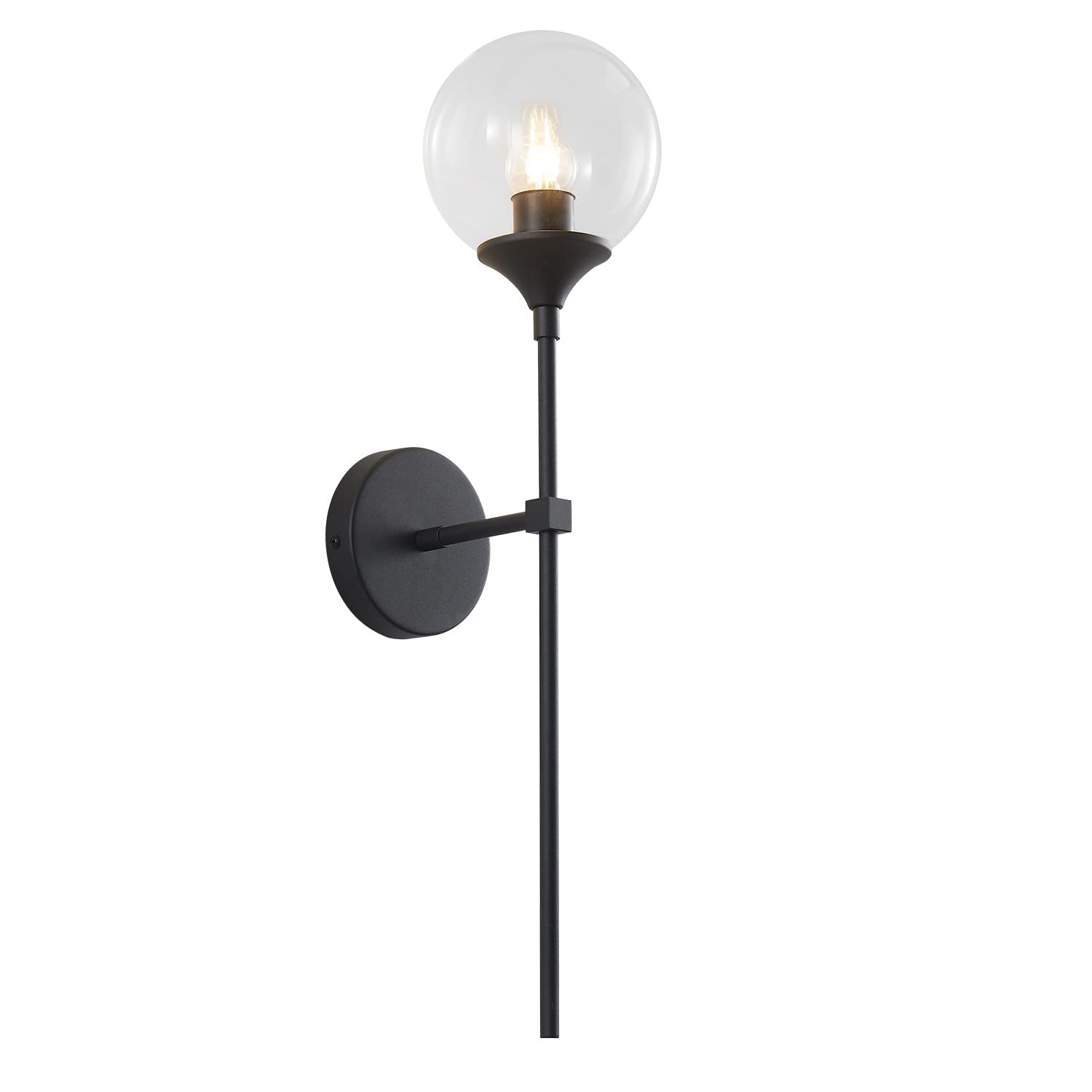 Lighting Modern Smoke Grey Glass Globe Black Matte Slim Wall Sconce Light with Long Arm Vintage Industrial Wall Sconce for Hallway, Stairs, Bathroom Mirror