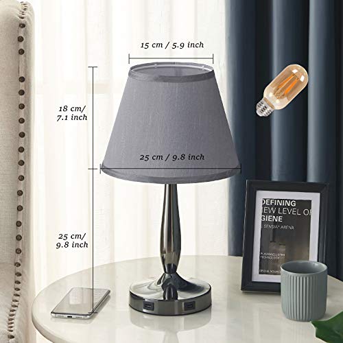 Touch Table Lamp with USB Ports, 3-Way Dimmable Modern Small Nightstand Lamp for Bedroom, Living Room & Office, Bedside Lamp w/ Grey Trapezoid Shade and Metal Base, LED Bulb Included